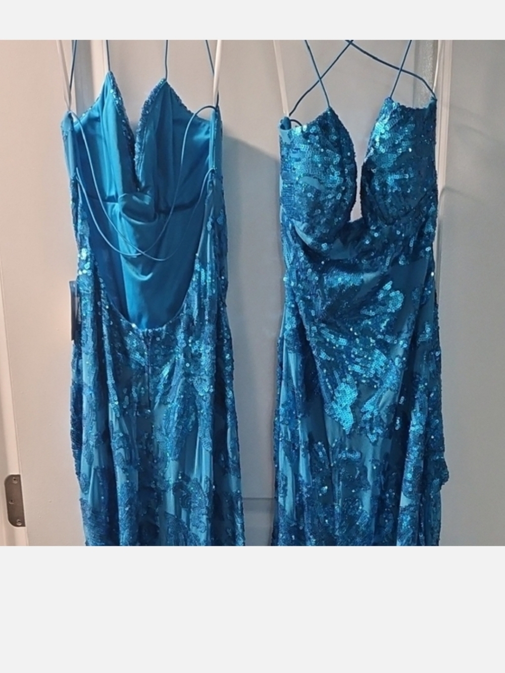 B Darlin Teal Sequin Spaghetti Strap Evening Gown with Thigh Slit - Picture 2 of 4